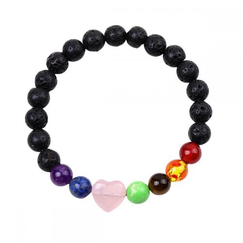 Gemstone 7 Chakra Healing Reiki Stretch Bracelet Black Lava Stone With Crystal Heart Charm Elastic Bracelets for Men Women