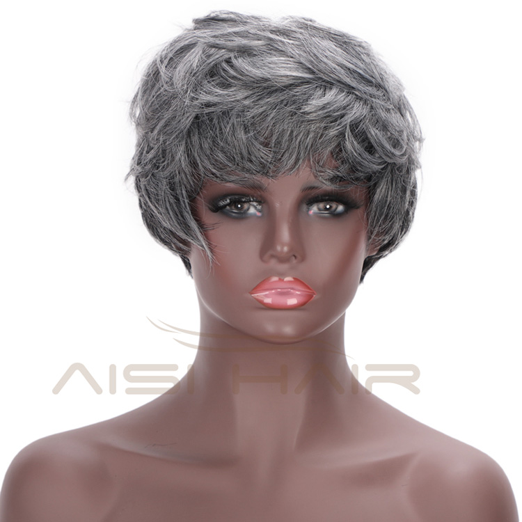 Aisi Hair Synthetic Ombre Grey Hair Bob Style Short Wigs for Women Black Cosplay Short Wigs with Neat Bangs