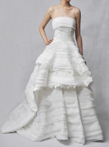 A-line Strapless Chapel Train Organza Layers Ruffled Wedding Dress