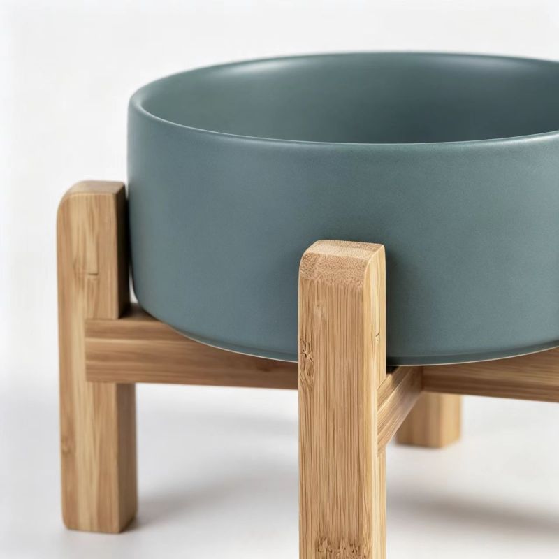 Teal Ceramic Elevated Dog Bowl, Wooden Stand Pet Feeder, Raised Dog Food and Water Bowl for Medium and Large Dogs