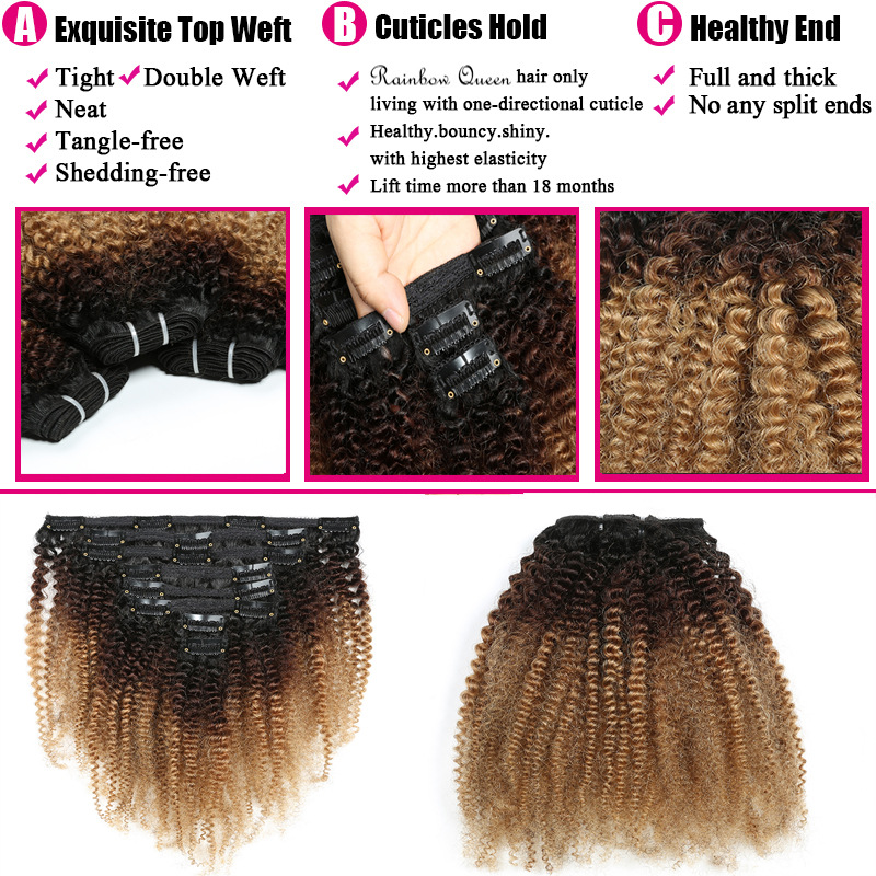 Factory Directly Wholesale Afro Kinky Curly Clip In Human Hair Brazilian Afro Clip ins 7pcs 8pcs Per Set