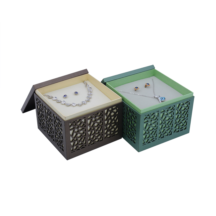 Classically designed square hollow-out cardboard with laser-cut LED light jewelry necklace box