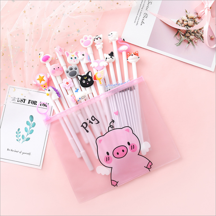 Korean Cute Cartoon Heart Customized Student Stationery Set Promotional Plastic Ball Pen Novelty Body Personalized Logo Pen Bag