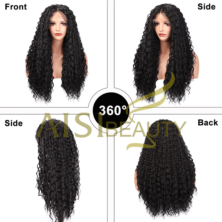 Aisi Beauty Cheap Vendor Long Wavy Kinky Curly Water Wave Black Brown Swiss Lace Synthetic Hair For Black Women Lace Front Wig
