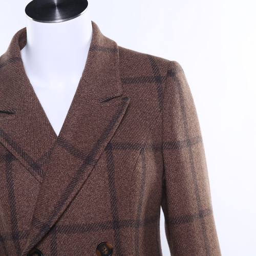 classic double breasted plaid long coat High level Lapel Fashion women long coat wool trench coat