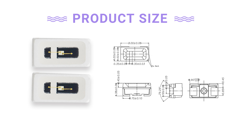 Size of 3015UVC38P1L14 380nm LED Emitters 3014 Side Emitting LED 390nm LED