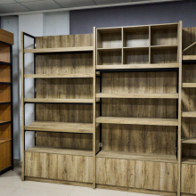 Steel and wood shelves against the wall