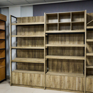 Steel and wood shelves against the wall