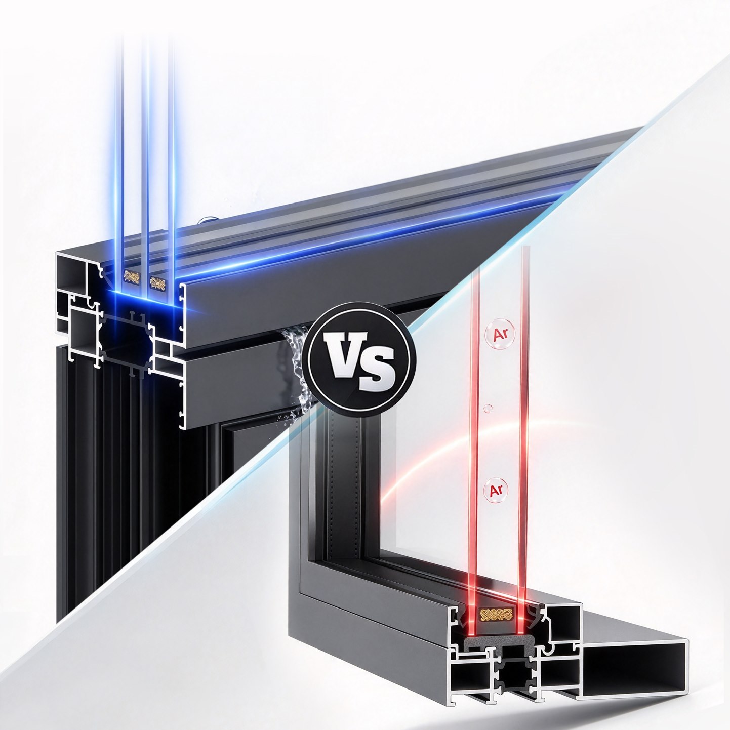 Comparación visual de secciones de ventanas de doble y triple acristalamiento