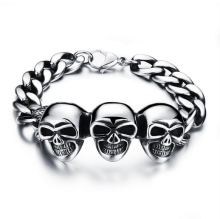 Men jewelry three skulls bulk chain bracelet,cheap skull bracelets