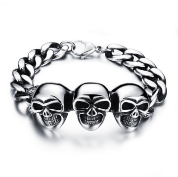 Men jewelry three skulls bulk chain bracelet,cheap skull bracelets