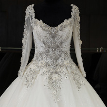 White satin lace bell sleeve round-neckline wedding dresses