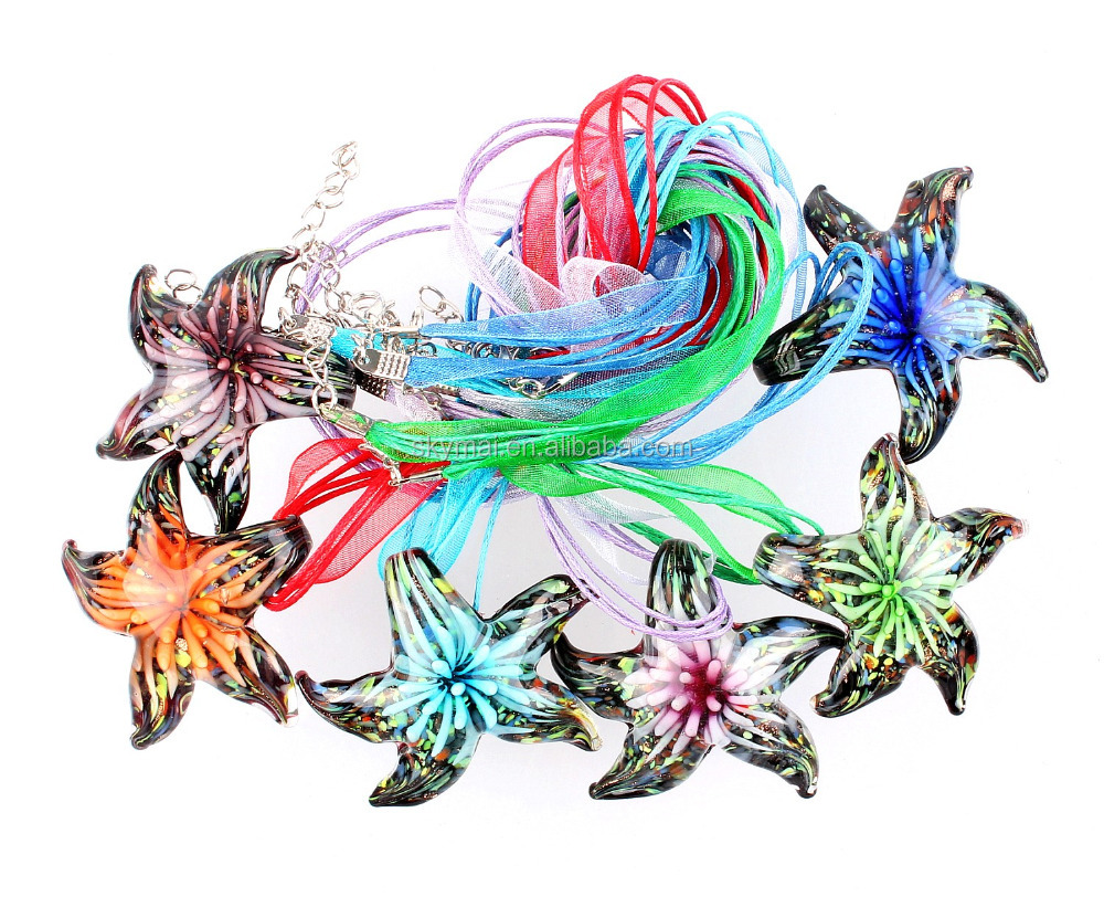 Wholesale 6 colors necklaces handmade Murano Lampwork Glass Mixed Colorful Exquisite Starfish Pendants Charms Cord Necklaces HOT