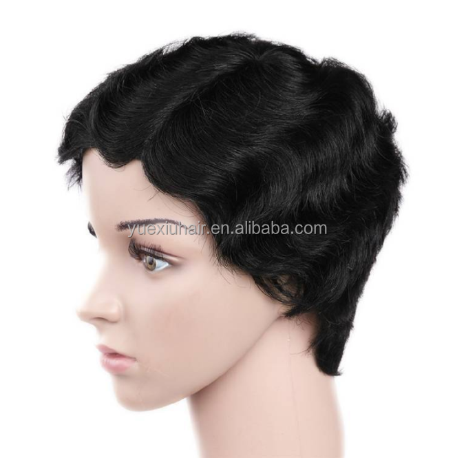 Pixie Cut Short Human Hair Wig Finger Wave For Black Women, Brazilian Virgin Cuticle Aligned Hair Wavy Wig