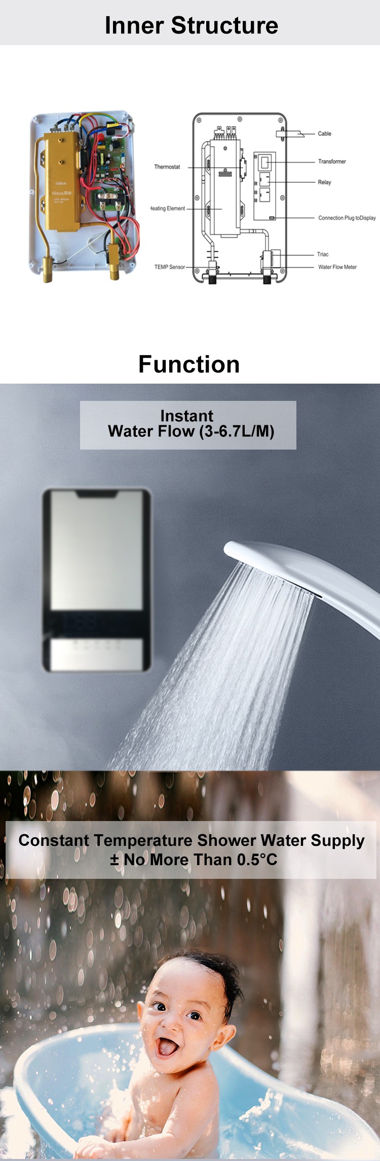 8.5KW-EIW-V6-8 220-240V home appliance Hot Sale tankless bathroom electric shower head fagor hot water heater