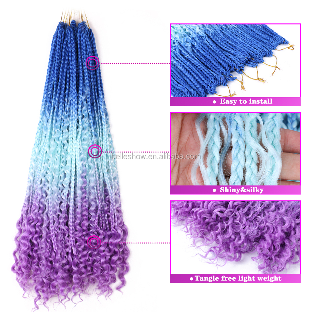 Hot sell  Crochet Bohemian Hair  Goddess Locs messy box braids with Curly Ombre  Pre-looped Synthetic Boho 3x river box braids