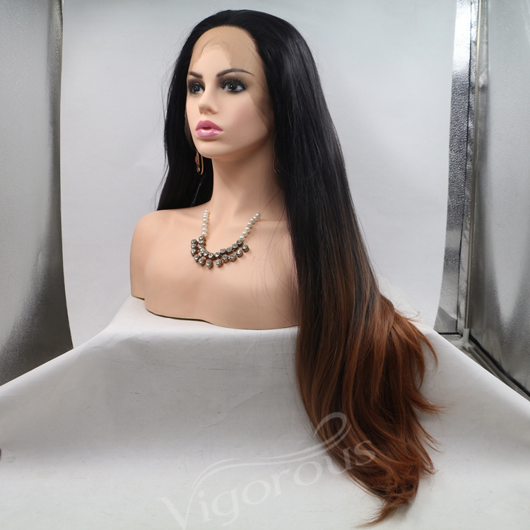 Vigorous ombre brown long straight premium high quality wholesale black women synthetic hair wigs with lace