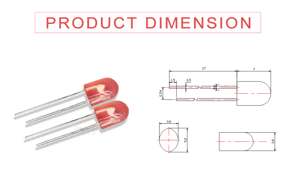 Size of 546ERD62D3L14 5mm oval red LED through-hole LED Red diffused lens 620nm LED