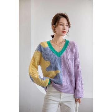 Color contrast v-neck cashmere knit slim fashion sweater