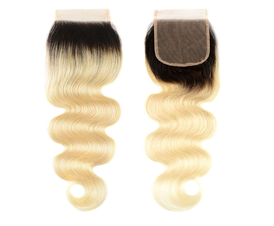 Virgin Hair Blonde 613 Brazilian Body Wave Human Hair Closure 4*4, 1B 613 Lace Closure Free Part Pre Plucked With Baby Hair