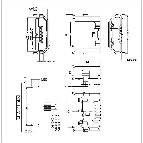 MUFM26 26-MICRO USB 5P FEMALE OFFSET 2SHELL DIP 7.7(0.60.9) NO POST WITH CURL 