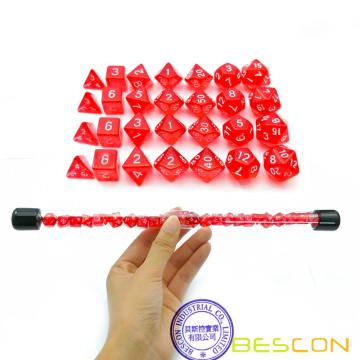Bescon 28pcs Translucent Red Mini Polyedrische Würfel Set in Tube, Ruby Dice Dungeons und Dragons 4X7pcs, Mini Ruby Gem Dice Set