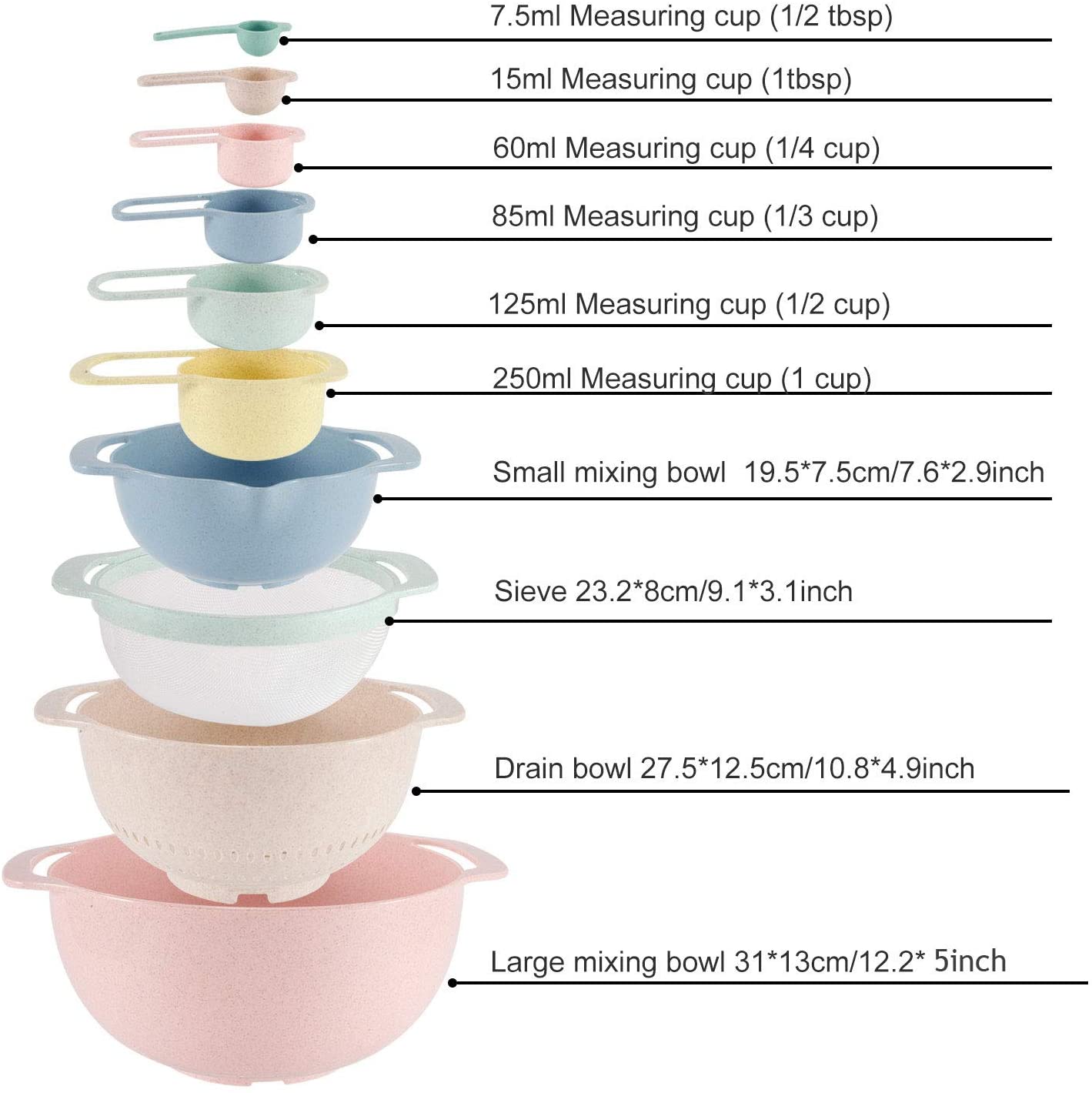 10 keping set makanan gred pp bahan mangkuk campuran berwarna -warni set mangkuk mengukur mangkuk