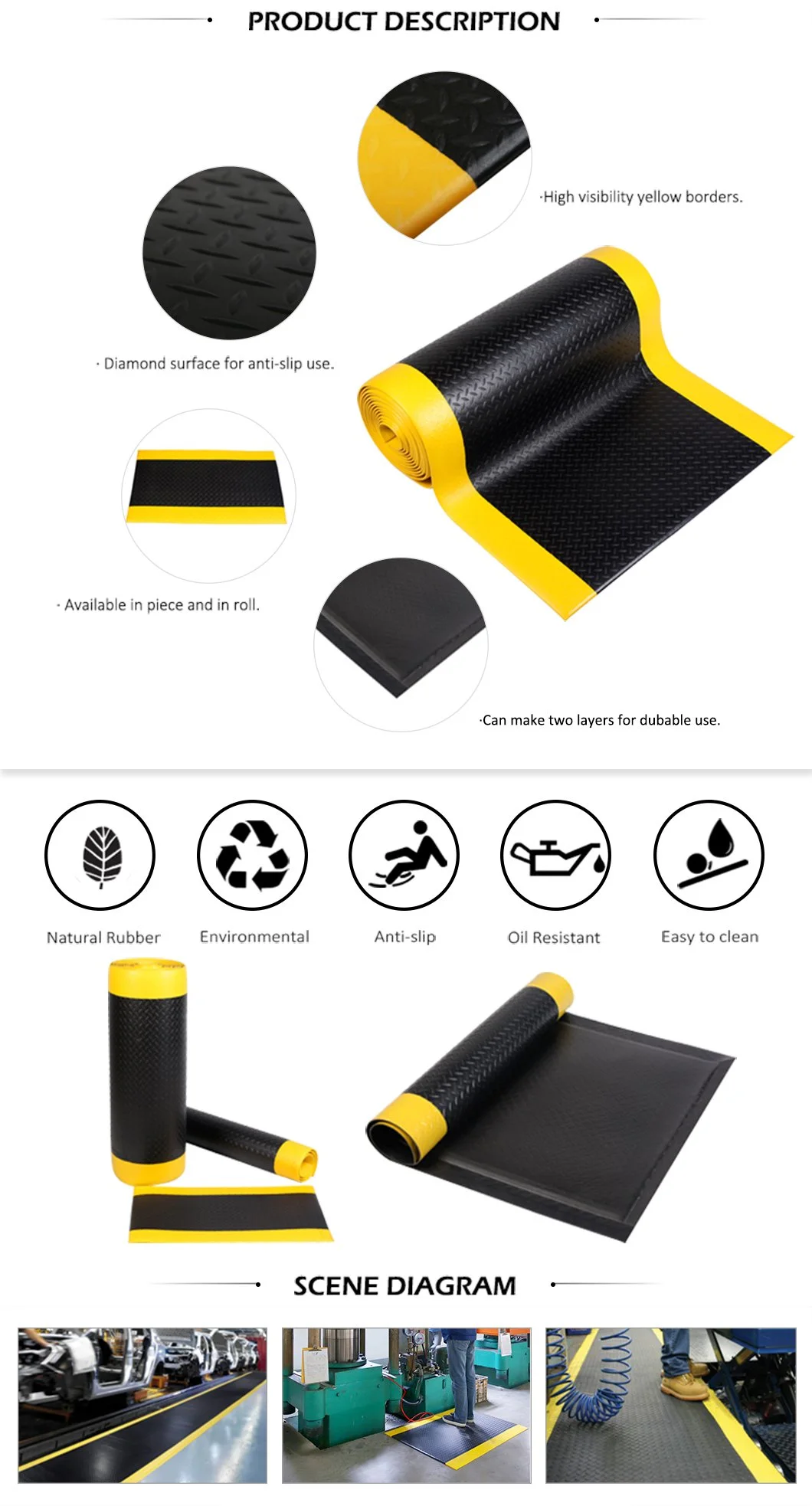 Safety Diamond Fatigue Reducing Foam Black with Yellow Edges PVC Waterproof Mat for Foot