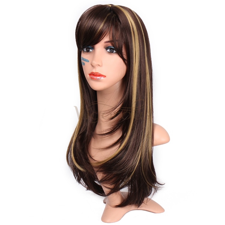 Vigorous Long Silky Straight Dark Brown Highlight Heat Resistant Smooth Synthetic Wig with Inclined Bangs for Women