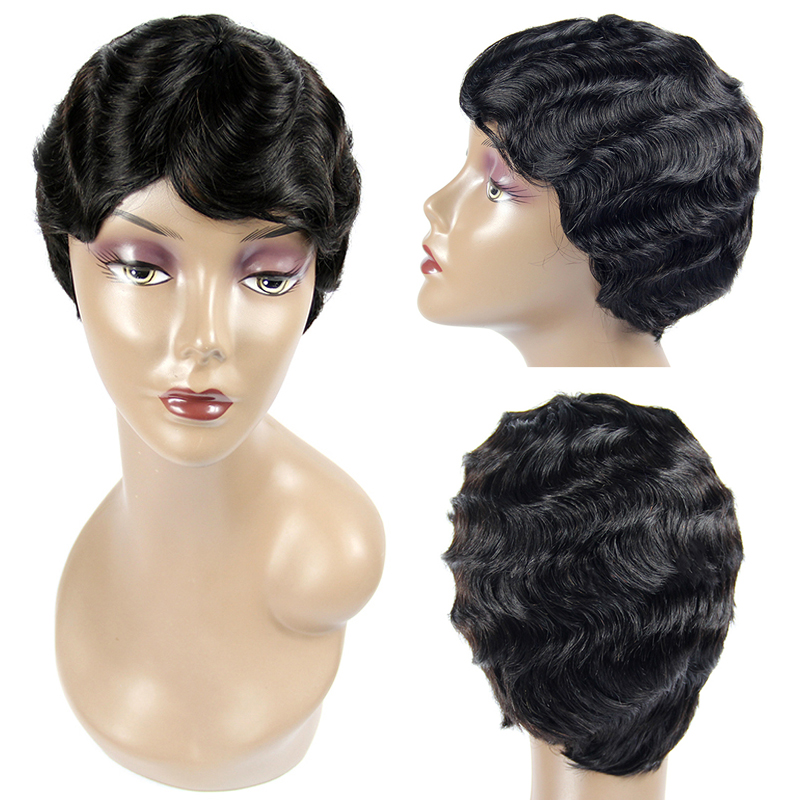 99j color wig making sewing machine -cap , pixel cut short human hair Indian wig with hair glue less