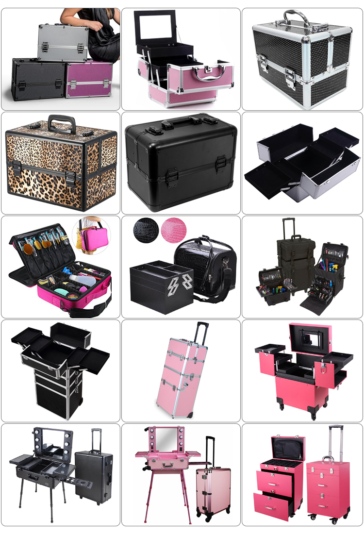 Black Trolley Train Beauty Case Aluminum makeup Mirror Light Cosmetic Case 4 legs 6 bulbs