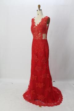 Red Lace Backless Prom Dresses Open-back Sexy Party Gown