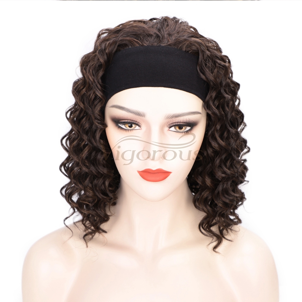 Vigorous Curly Synthetic Wigs for White Women Mixed Brown Colors African American Wigs Short 3/4 Half Wigs with Headband