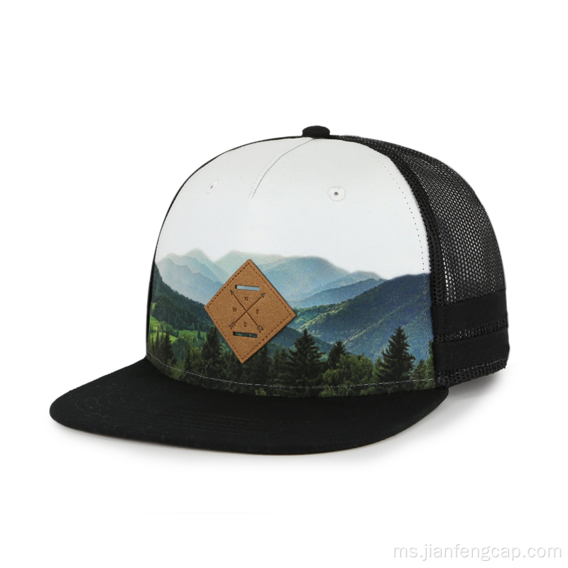 sublimasi snapback hat PU patch dengan logo debossed