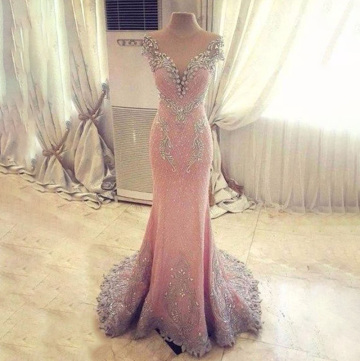 2017 Luxury Pink Chiffon Beaded Sequins Mermaid Long Evening Dress