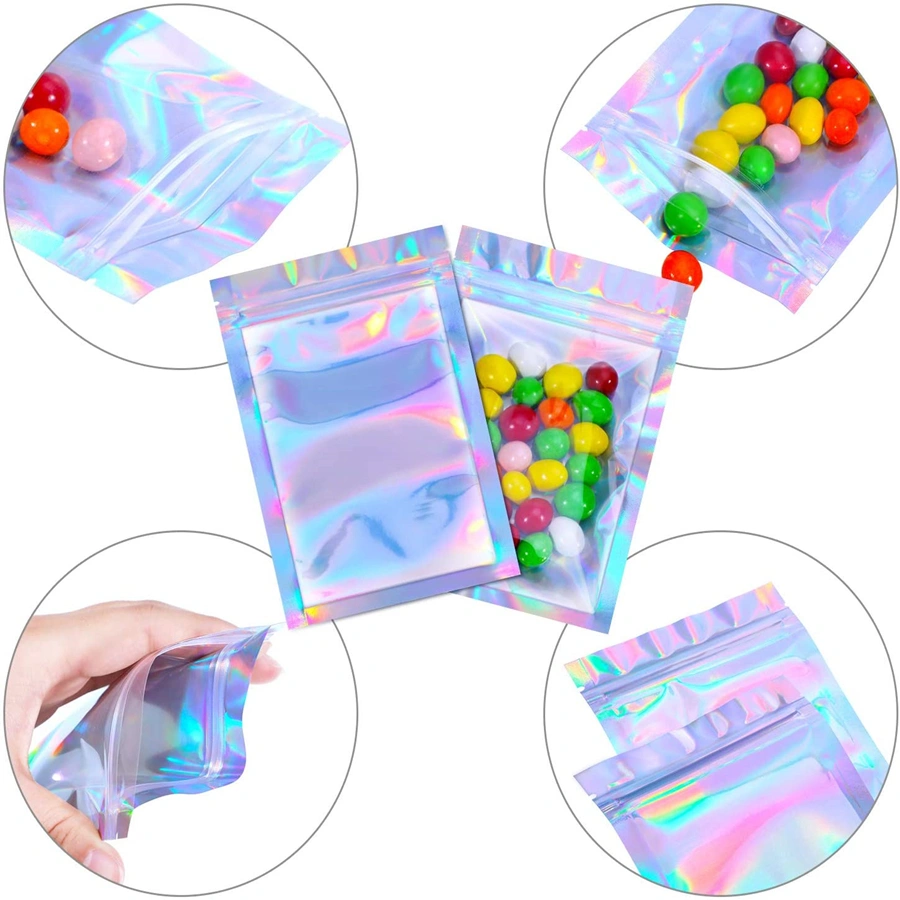 100 Pieces Holographic Rainbow Aluminum Foil Smell Proof Ziplock Bags Metallic Zipper Pouches