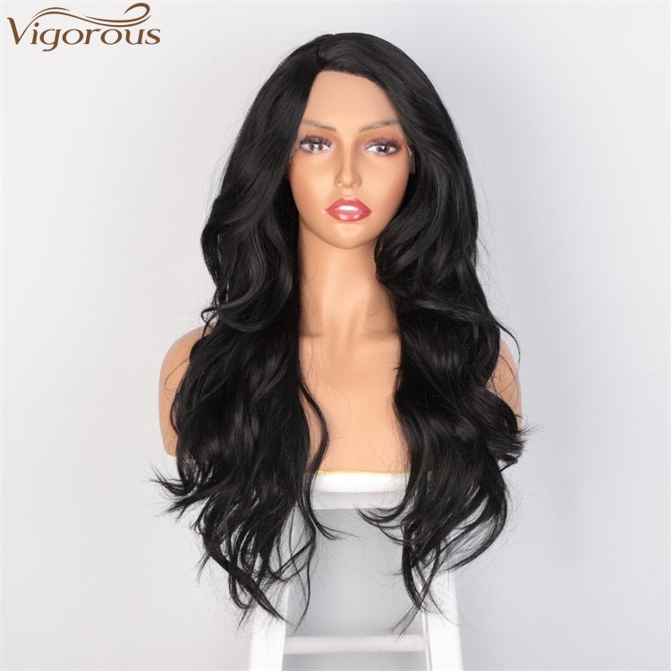 Vigorous Lace Frontal Long Body Wavy Synthetic Wigs For Women Side Part Black Heat Resistant Fiber Wholesale Price