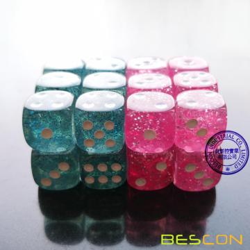 Bescon Ethereal Glitter 12mm Juego de dados de 6 caras 6 piezas en bolsa de lazo de terciopelo, rosa y verde azulado (12 piezas de cada color)