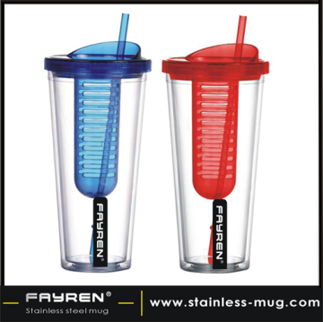 Double wall plastic mug with straw / plastic drinking mug