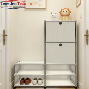 Modern Industrial Modular Step Shoe Rack Cabinet with 2 Lockable Doors & Stainless Steel Frame for Home & Hotel