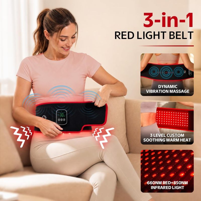 Red Light Therapy Belt for Body, Heat & Vibration Cordless Back Massager