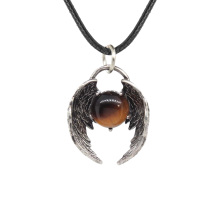 Yellow Tiger Eye Stone10MM Balls Silver Alloy Angle Wing Pendant Necklace 45cm Black Cord
