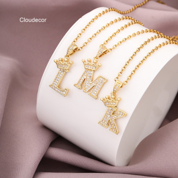Cute Brass CZ Stone Alphabet Letter Charm Necklace: Wholesale Initial Pendant with Crown