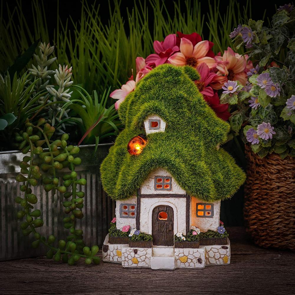 Flocked Fairy Garden House met zonnelichten