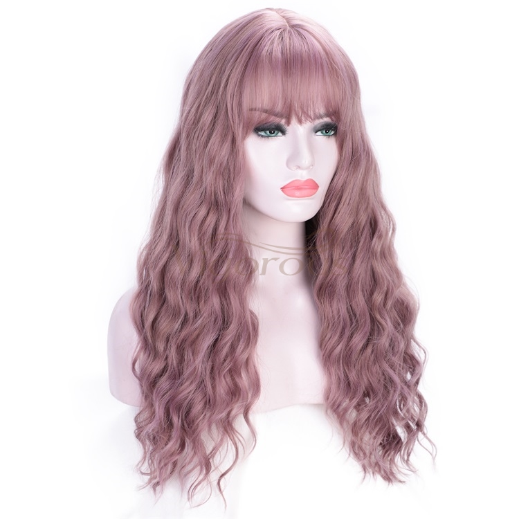 Vigorous Purple Long Natural Water Wave Synthetic Wigs for Women Heat Resistant Fiber Wavy Hair Wig with Bangs Daily Wear