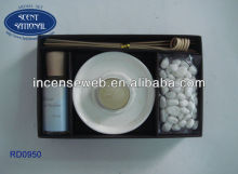 Aroma Set with Ceramic Candle Holder and Scented Tealight and Fragrance Oil and Rattan Stick