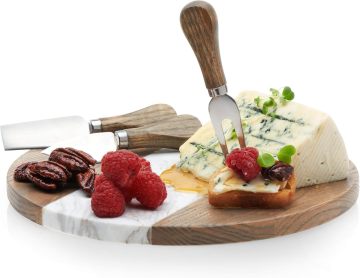 White Marble and Acacia Cheese Board Set with Knife for Meats and Breads