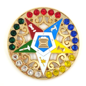 New OES Auto Emblem: Golden Order of the Eastern Star Logo with Gem - 3\" Masonic Car Decoration