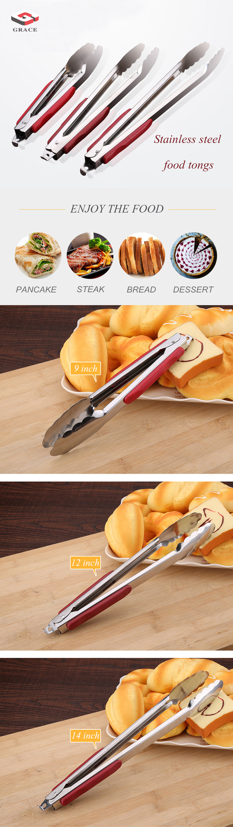 Multi-function Buffet serving utensils Salad BBQ Pasta Stainless Steel Food Clamp Serving Tongs
