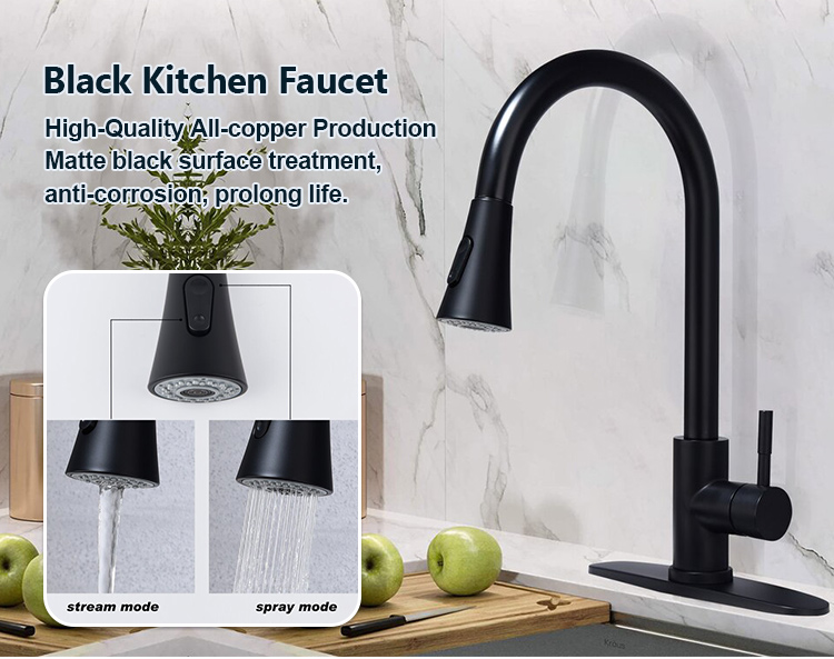 2022 Modern matte black pull out kitchen faucet stainless steel kitchen sink mixer taps